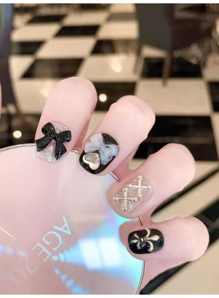 Goolsky Sheer Lace Bear Nail Art Patches Dark Lolita Handmade Wearable Nails Removable Bow Diamond Glitter Sweet Cool Fake Nails - Image 4